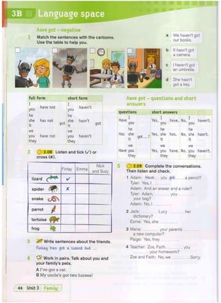 3B Language space
have got - negative
Match the sentences with the cartoons.
Use the table to help you.
• •
a We haven't got
our books.
It hasn't got
a camera.
I )
Y
haven't got
an umbrella.
'
•
She hasn't
got a key.
full form short form
Jou h a v e n o t
I
you
haven't
he he
she has not
it
got
she
it
hasn't
got
we we
you have not you haven't
they they
2 (§ 2.08 Listen and tick ( / ) or
cross (X).
Finlay Emma
Nick
and Suzy
lizard •
spider - f ^ c X
snake
parrot | f
tortoise
frog
^ Write sentences about the friends.
Flnlaxj has got a lizard, but ...
4 Work in pairs. Talk about you and
your family's pets.
A I've got a cat.
B My uncle's got two horses!
have got - questions and short
answers
questions short answers
Have ^
you
he
Has she
it 9 0 t - ?
we
Have you
they
Yes, * have,
you
he
Yes, she has.
it
we
Yes, you have,
they
No, * haven't,
you
he
No, she hasn't,
it
we
No, you haven't,
they
2.09 Complete the conversations.
Then listen and check.
you a pencil?
1 Adam: Have
Tyler: Yes, I
Adam: And an eraser and a ruler?
Tyler: Adam, you
your bag?
Adam: No, I
2 Jack: Lucy.
dictionary?
Esme: Yes, she
her
3 Maria: your parents
a new computer?
Paige: Yes, they
4 Teacher: Zoe, Faith you
your homework?
Zoe and Faith: No, we .... Sorry.
 