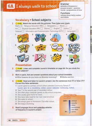 I always walk to school
Vocabulary • School subjects
Grammar
adverbs of frequency •
present simple - question
words • prepositions of time
Functions
talking about daily routine
and habits
2.41 Match the words with the pictures. Then listen and check.
Maths [zT| Religious Education ( R E ) D Geography • Music •
Art O Physical Education (PE) • Drama • English • History •
Science O Information and Communication Technology (ICT) O Languages | |
Presentation
2 2.42 Listen and complete Lauren's timetable on page 69. Do you study the
same subjects?
3 Work in pairs. Ask and answer questions about your school timetable.
A What lessons do you have on Monday morning? B Maths and Art.
4 ( | | 2.43 Read and listen to Lauren's project. Are the sentences true (7) or false (F)?
Correct the false sentences.
1 Lauren goes to a primary school called Lakeside Community School. F
Lauren goes to a secondary school, called Lakeside Community School.
2 Year 7 is the second year of secondary school.
3 She often plays computer games on the school computers.
4 She usually goes home for lunch.
5 She never eats meat for her main meal at school.
6 She walks to school.
7 She always goes to Homework Club after school,
8 She enjoys drumming.
100% -
Read Language focus and underline adverbs
of frequency in Lauren's project.
always
usually
often
sometimes
not often
0% - U never
w
 