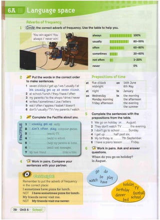 Use the table to help you.
always
usually
often
sometimes
not often
never
100%
80-99%
60-80%
20-60%
1-20%
0%
1
Adverbs of frequency
(Circle) the correct adverb of frequency.
You win again! You
always / never win!
^ Put the words in the correct order
to make sentences.
1 seven o'clock/get up/we/usually/at
We usually get up at seven o'clock.
2 at school/lunch/they/have/often
3 my parents/to the shops/drive/never
4 writes/sometimes/Joe/letters
5 eat/ often / apples / Isabel / doesn't
6 don't/usually/TV/my parents/watch
^ Complete the Factfile about you.
Prepositions of time
a
I
IL
1
%
3
4
5
6
7
I usually get up early.
I don't often play... computergames.
I (watch) TV.
I (walk) to school.
I (help) my parents at home.
I (send) text messages.
My best friend (ride) a bike
Work in pairs. Compare your
sentences with your partner.
tfjOUSH^
r
Remember to put the adverb of frequency
in the correct place:
I sometimes have pizza for lunch.
NOT I have sometimes pizza for lunch.
My friends never visit me.
NOT My friends visit me never.
at five o'clock on 14th June
midnight 6th May
at night in January
on Wednesday in the morning
Monday morning the afternoon
Friday afternoon the evening
the summer
Complete the sentences with the
prepositions from the table.
1 We go on holiday ...In August.
2 They don't watch TV the evening.
3 I don't go to school Sunday.
4 I get up half past six.
5 My birthday is 7th September.
6 I have a piano lesson Friday.
"yfr Work in pairs. Ask and answer
questions.
W h e n do you go on holiday?
In August.
wafch
go do
U play
holiday
birthday . ..
 