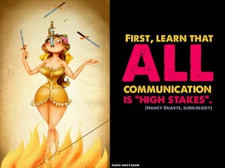 ALL
         First, learn that




        communication
        is “high stakes”.
                       (Nancy Duarte, slide:ology)




Flickr: mike r baker
 