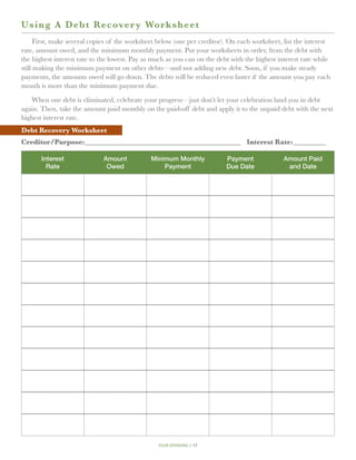 U s i ng A Debt Recover y Wo r k s h e e t
      First, make several copies of the worksheet below (one per creditor). On each worksheet, list the interest
rate, amount owed, and the minimum monthly payment. Put your worksheets in order, from the debt with
the highest interest rate to the lowest. Pay as much as you can on the debt with the highest interest rate while
still making the minimum payment on other debts—and not adding new debt. Soon, if you make steady
payments, the amounts owed will go down. The debts will be reduced even faster if the amount you pay each
month is more than the minimum payment due.

   When one debt is eliminated, celebrate your progress—just don’t let your celebration land you in debt
again. Then, take the amount paid monthly on the paid-off debt and apply it to the unpaid debt with the next
highest interest rate.
Debt Recovery Worksheet
Creditor/Purpose:_____________________________________________ 	 Interest Rate:__________

       Interest              Amount            Minimum Monthly            Payment              Amount Paid
         Rate                 Owed                 Payment                Due Date              and Date




                                                 your spending // 17
 