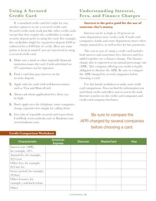U s i ng A Secured                                            Understanding Interest,
C r edit Card                                                 Fe e s, a n d F i n a n c e C h a r ge s
    If a standard credit card isn’t right for you,              Interest is the price paid for the use of
another option is to use a secured credit card.               someone else’s money.
Secured credit cards work just like other credit cards
                                                                 Interest can be as high as 22 percent on
except that they require the cardholder to make a
                                                              some department store credit cards. Credit card
security deposit prior to using the card. For example,
                                                              companies, banks and some department stores often
the cardholder might be required to deposit $500 as
                                                              charge annual fees, as well as fees for late payments.
collateral for a $500 line of credit. Here are some
points to keep in mind if you are interested in using             The cost to you of using a credit card includes
a secured credit card:                                        both interest and sometimes fees. Interest and fees
                                                              added together are a finance charge. The finance
1.	 Make sure a bank or other reputable financial
                                                              charge also is expressed as an annual percentage rate
    institution issues the card. Cards advertised on
                                                              (APR). The company offering you credit is legally
    TV sometimes can be expensive.
                                                              obligated to disclose the APR. Be sure to compare
2.	 Find a card that pays interest on the                     the APR charged by several companies before
    security deposit.                                         choosing a card.

3.	 Apply only for cards with well-known names,                   Use this handy worksheet to make your credit
    such as Visa and MasterCard.                              card comparisons. You can find the information you
                                                              need from credit card offers sent to you in the mail,
4.	 Always ask about application fees; these can              Internet searches on the credit card companies and
    be high.                                                  credit card company brochures.
5.	 Don’t apply over the telephone; some companies
    charge expensive fees simply for calling them.

6.	 Get a list of reputable secured card issuers from               Be sure to compare the
    CardTrak (www.cardtrak.com) or Bankrate.com
    (www.bankrate.com).                                        APR charged by several companies
                                                                    before choosing a card.
Credit Comparison Worksheet

                                   American
        Characteristic                                      Discover           MasterCard               Visa
                                   Express
Interest rate (APR),
for example, 18%
Annual fee, for example,
$25/year
Other fees, for example,
$25 late fee
Grace period, for example,
20 days
Other features, for
example, cash-back rebate
Other

                                                   your spending // 20
 