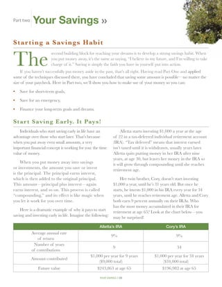 Part two   Your Savings
Star ting a S av i n g s H ab i t


The
                       second building block for reaching your dreams is to develop a strong savings habit. When
                       you put money away, it’s the same as saying, “I believe in my future, and I’m willing to take
                       charge of it.” Saving is simply the faith you have in yourself put into action.
    If you haven’t successfully put money aside in the past, that’s all right. Having read Part One and applied
some of the techniques discussed there, you have concluded that saving some amount is possible—no matter the
size of your paycheck. Here in Part two, we’ll show you how to make use of your money so you can:

•	 Save for short-term goals,

•	 Save for an emergency,

•	 Finance your long-term goals and dreams.

S t ar t Saving Early. It Pay s !
    Individuals who start saving early in life have an             Alletta starts investing $1,000 a year at the age
advantage over those who start later. That’s because          of 22 in a tax-deferred individual retirement account
when you put away even small amounts, a very                  (IRA). “Tax deferred” means that interest earned
important financial concept is working for you: the time      isn’t taxed until it is withdrawn, usually years later.
value of money.                                               Alletta quits putting money in her IRA after nine
                                                              years, at age 30, but leaves her money in the IRA so
     When you put money away into savings                     it will grow through compounding until she reaches
or investments, the amount you save or invest                 retirement age.
is the principal. The principal earns interest,
which is then added to the original principal.                     Her twin brother, Cory, doesn’t start investing
This amount—principal plus interest—again                     $1,000 a year, until he’s 31 years old. But once he
earns interest, and so on. This process is called             starts, he invests $1,000 in his IRA every year for 34
“compounding,” and its effect is like magic when              years, until he reaches retirement age. Alletta and Cory
you let it work for you over time.                            both earn 9 percent annually on their IRAs. Who
                                                              has the most money accumulated in their IRA for
    Here is a dramatic example of why it pays to start        retirement at age 65? Look at the chart below—you
saving and investing early in life. Imagine the following:    may be surprised!

                                                    Alletta’s IRA                            Cory’s IRA
           Average annual rate
                                                             9%                                    9%
               of return
            Number of years
                                                              9                                    34
           of contributions
                                               $1,000 per year for 9 years            $1,000 per year for 34 years
           Amount contributed
                                                   ($9,000 total)                         ($34,000 total)
               Future value                        $243,863 at age 65                      $196,982 at age 65

                                                    your savings // 23
 
