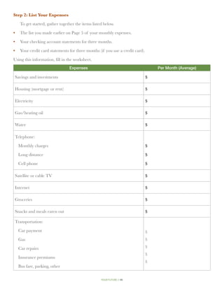 Step 2: List Your Expenses

   To get started, gather together the items listed below.

•	 The list you made earlier on Page 5 of your monthly expenses.

•	 Your checking account statements for three months.

•	 Your credit card statements for three months (if you use a credit card).

Using this information, fill in the worksheet.
                                Expenses                                          Per Month (Average)

Savings and investments                                                       $

Housing (mortgage or rent)                                                    $

Electricity                                                                   $

Gas/heating oil                                                               $

Water                                                                         $

Telephone:

  Monthly charges                                                             $
  Long distance                                                               $
  Cell phone                                                                  $

Satellite or cable TV                                                         $

Internet                                                                      $

Groceries                                                                     $

Snacks and meals eaten out                                                    $

Transportation:

  Car payment                                                                 $
  Gas                                                                         $

  Car repairs                                                                 $
                                                                              $
  Insurance premiums
                                                                              $
  Bus fare, parking, other

                                                  your future // 46
 