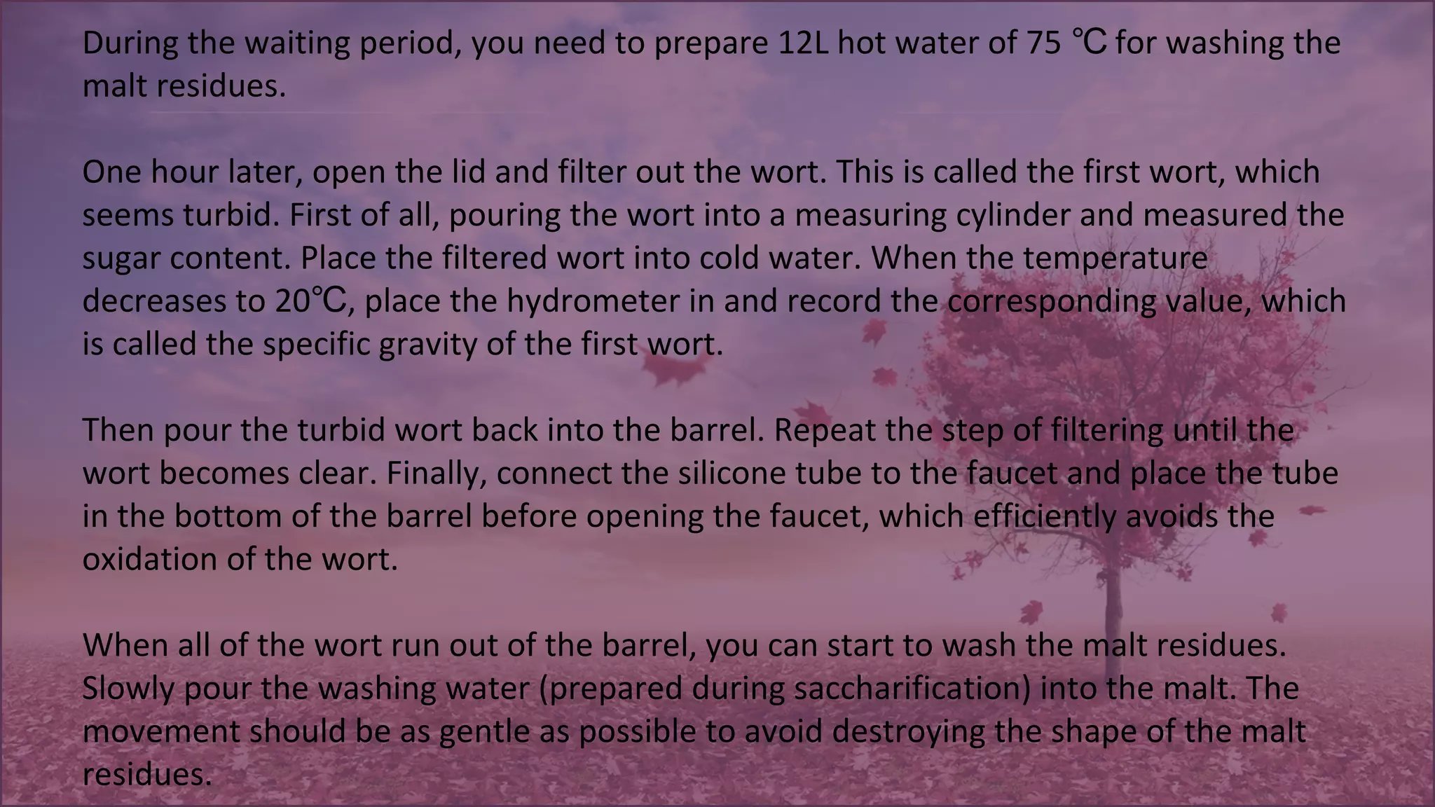 During the waiting period, you need to prepare 12L hot water of 75 for washing the℃
malt residues.
One hour later, open the lid and filter out the wort. This is called the first wort, which
seems turbid. First of all, pouring the wort into a measuring cylinder and measured the
sugar content. Place the filtered wort into cold water. When the temperature
decreases to 20 , place the hydrometer in and record the corresponding value, which℃
is called the specific gravity of the first wort.
Then pour the turbid wort back into the barrel. Repeat the step of filtering until the
wort becomes clear. Finally, connect the silicone tube to the faucet and place the tube
in the bottom of the barrel before opening the faucet, which efficiently avoids the
oxidation of the wort.
When all of the wort run out of the barrel, you can start to wash the malt residues.
Slowly pour the washing water (prepared during saccharification) into the malt. The
movement should be as gentle as possible to avoid destroying the shape of the malt
residues.
 