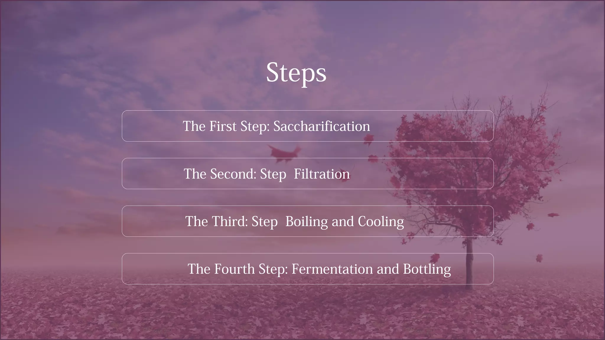 Steps
The First Step: Saccharification
The Second: Step Filtration
The Third: Step Boiling and Cooling
The Fourth Step: Fermentation and Bottling
 