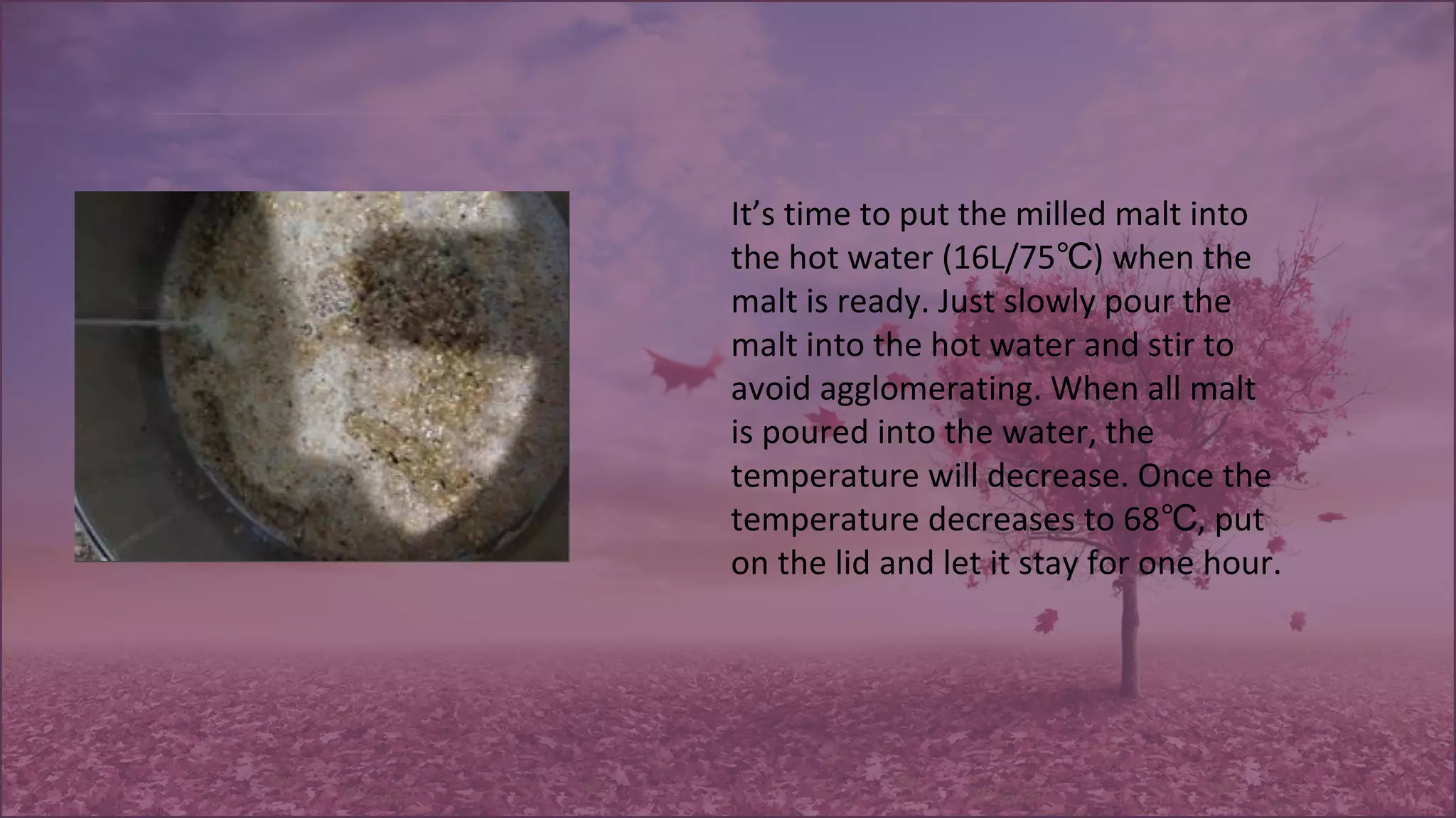 It’s time to put the milled malt into
the hot water (16L/75 ) when the℃
malt is ready. Just slowly pour the
malt into the hot water and stir to
avoid agglomerating. When all malt
is poured into the water, the
temperature will decrease. Once the
temperature decreases to 68 , put℃
on the lid and let it stay for one hour.
 