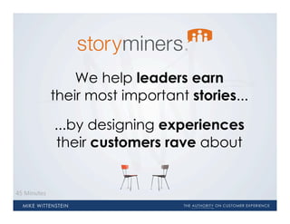 We help leaders earn
              their most important stories...

              ...by designing experiences
              their customers rave about


45  Minutes
 