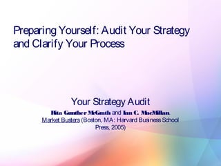Preparing Yourself: Audit Your Strategy
and Clarify Your Process
Your Strategy Audit
Rita GuntherMcGrath and Ian C. MacMillan.
Market Busters(Boston, MA: Harvard BusinessSchool
Press, 2005)
 