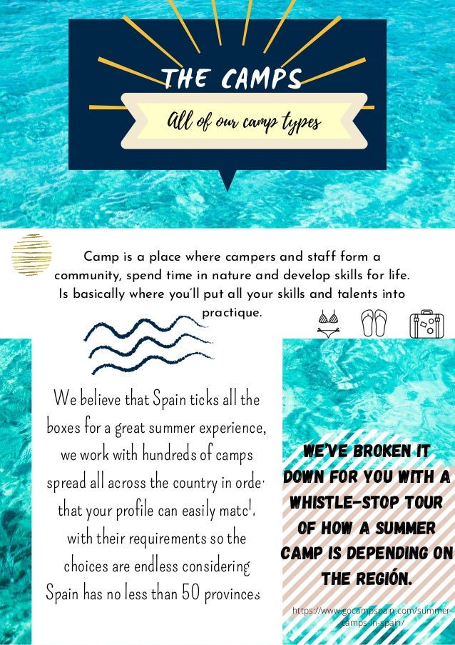 We believe that Spain ticks all the
boxes for a great summer experience,
we work with hundreds of camps
spread all across the country in order
that your profile can easily match
with their requirements so the
choices are endless considering
Spain has no less than 50 provinces.
Camp is a place where campers and staff form a
community, spend time in nature and develop skills for life.
Is basically where you’ll put all your skills and talents into
practique.
We’ve broken it
down for you with a
whistle-stop tour
of how a summer
camp is depending on
the región.
THE CAMPS
All of our camp types
https://www.gocampspain.com/summer-
camps-in-spain/
 