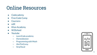 Online Resources
● Codecademy
● Free Code Camp
● Coursera
● edX
● Khan Academy
● W3School
● Youtube
○ LearnCode.academy
○ thenewboston
○ Programming with Mosh
○ IAmTimCorey
○ Siraj Raval
11
 