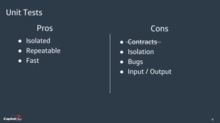 ​18
Use this box for citations, sources, statements, notes, and legal disclaimers that are required.
Use this box for citations, sources, statements, notes, and legal disclaimers that are required.
● Contracts
● Isolation
● Bugs
● Input / Output
Cons
● Isolated
● Repeatable
● Fast
Pros
Unit Tests
 