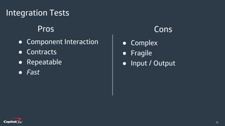 ​21
● Component Interaction
● Contracts
● Repeatable
● Fast
Use this box for citations, sources, statements, notes, and legal disclaimers that are required.
Use this box for citations, sources, statements, notes, and legal disclaimers that are required.
● Complex
● Fragile
● Input / Output
ConsPros
Integration Tests
 