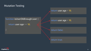 ​36
Mutation Testing
function isUserOldEnough(user) {
return user.age >= 18;
}
return user.age > 18;
return user.age < 18;
return false;
return true;
 