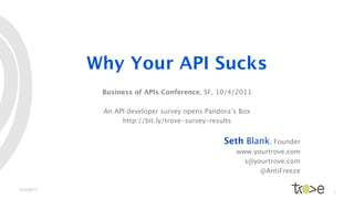 Why Your API Sucks
             Business of APIs Conference, SF, 10/4/2011

             An API developer survey opens Pandora’s Box
                  http://bit.ly/trove-survey-results


                                                Seth Blank, Founder
                                                   www.yourtrove.com
                                                     s@yourtrove.com
                                                         @AntiFreeze

10/4/2011
                                                                       1
 