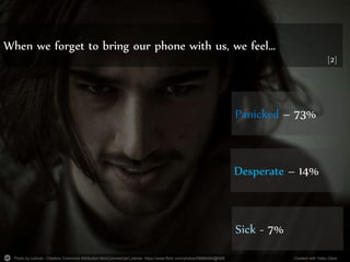 Photo by zubrow - Creative Commons Attribution-NonCommercial License https://www.flickr.com/photos/58980484@N08 Created with Haiku Deck
When we forget to bring our phone with us, we feel…
Panicked – 73%
Desperate – 14%
Sick - 7%
[2]
 