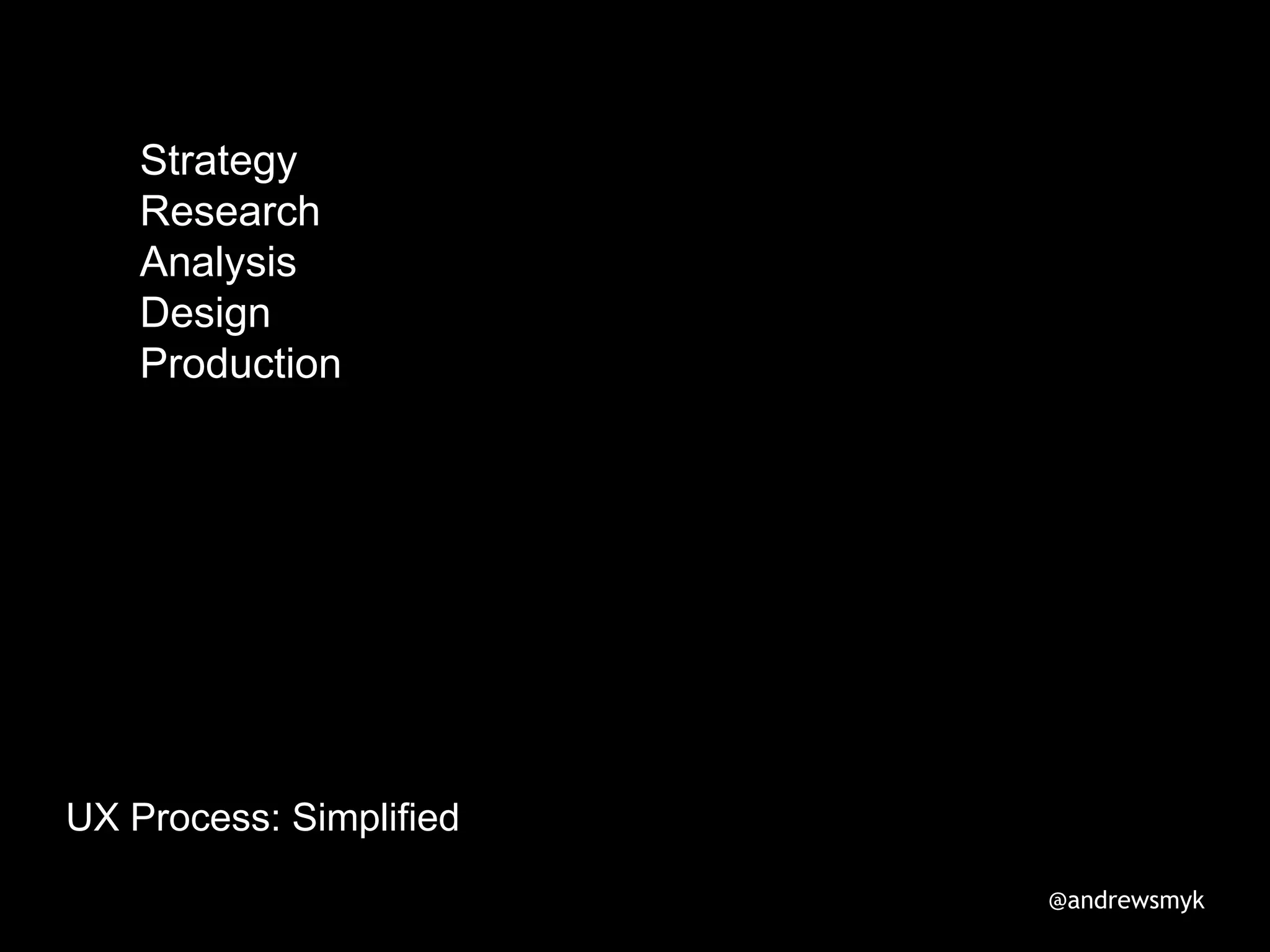 UX Process: Simplified
Strategy
Research
Analysis
Design
Production
@andrewsmyk
 