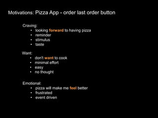 Motivations: Pizza App - order last order button
Craving:
• looking forward to having pizza
• reminder
• stimulus
• taste
Want:
• don't want to cook
• minimal effort
• easy
• no thought
Emotional:
• pizza will make me feel better
• frustrated
• event driven
 