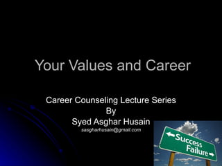 Your Values and Career Career Counseling Lecture Series By Syed Asghar Husain [email_address] 