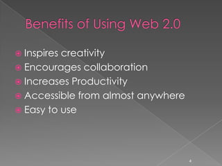 Benefits of Using Web 2.0Inspires creativityEncourages collaborationIncreases ProductivityAccessible from almost anywhereEasy to use4