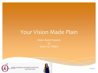 Your Vision Made Plain
Vision Board Session
by
Karen St. Hilaire
8/27/2013www.kadencellc.com
 