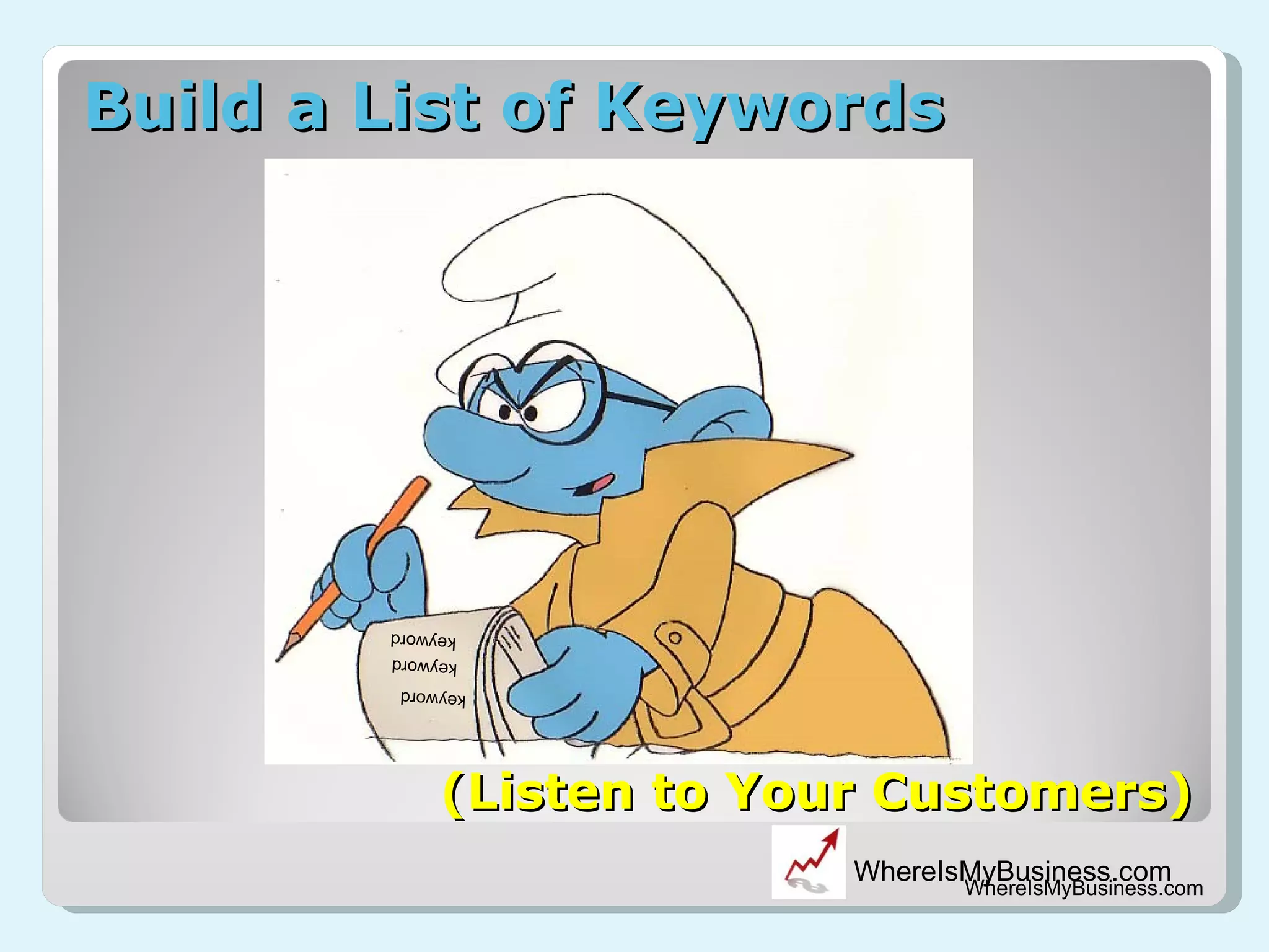 Build a List of Keywords WhereIsMyBusiness.com (Listen to Your Customers) keyword keyword keyword 