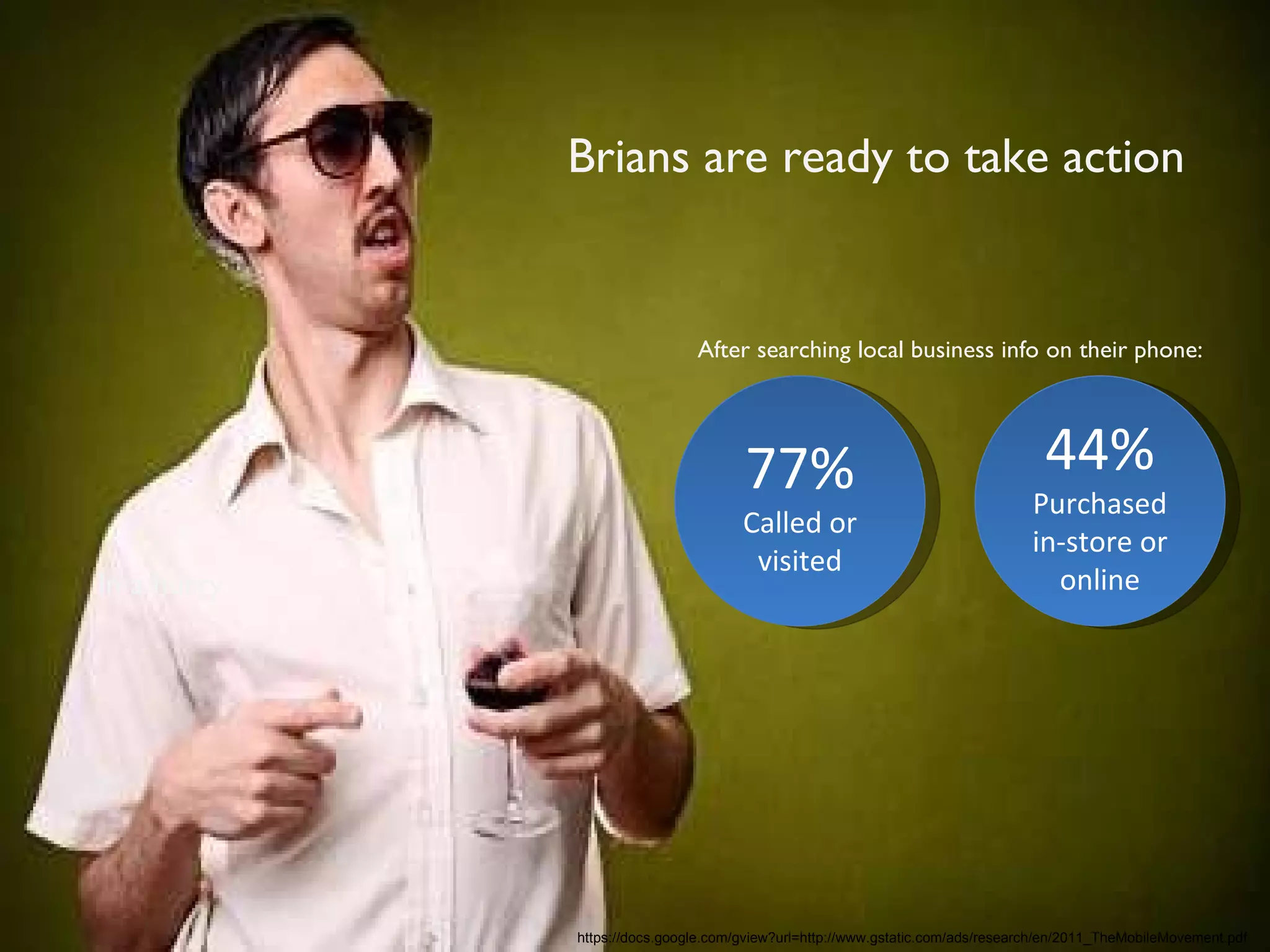 In a hurry Brians are ready to take action 77% Called or visited 44% Purchased in-store or online After searching local business info on their phone: https://docs.google.com/gview?url=http://www.gstatic.com/ads/research/en/2011_TheMobileMovement.pdf 