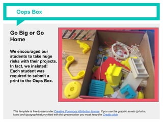 Go Big or Go Home
We encouraged our
students to take huge
risks with their projects.
In fact, we insisted! Each
student was required to
submit a print to the Oops
Box.
This template is free to use under Creative Commons Attribution license. If you use the graphic assets (photos, icons and
typographies) provided with this presentation you must keep the Credits slide.
Oops Box
 