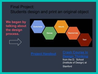 Final Project:
Students design and print an original object
Crash Course in
Design Thinking
from the D. School
(Institute of Design) at
Stanford
https://docs.
google.
com/docume
nt/d/1KwJlRF
X6UiUOsp=sh
aProject Handout
We began by
talking about
the design
process.
 