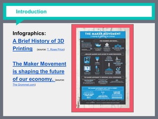 Infographics:
A Brief History of 3D
Printing (source: T. Rowe Price)
The Maker Movement is
shaping the future of
our economy. (source: The
Grommet.com)
Introduction
 