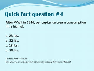 Quick fact question #4After WWII in 1946, per capita ice cream consumption hit a high of:a. 23 lbs.b. 32 lbs.c. 18 lbs.d. 28 lbs.Source:  Amber Waveshttp://www.ers.usda.gov/Amberwaves/June03/pdf/awjune2003.pdf