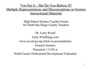 You See it – But Do You Believe It? Multiple Representations and Misconceptions in Science Instructional Materials High School Science Teacher Forum for North San Diego County Teachers Dr. Larry Woolf [email_address] www.sci-ed-ga.org  (click on presentations) General Atomics Presented 1/11/05 at North County Professional Development Federation 