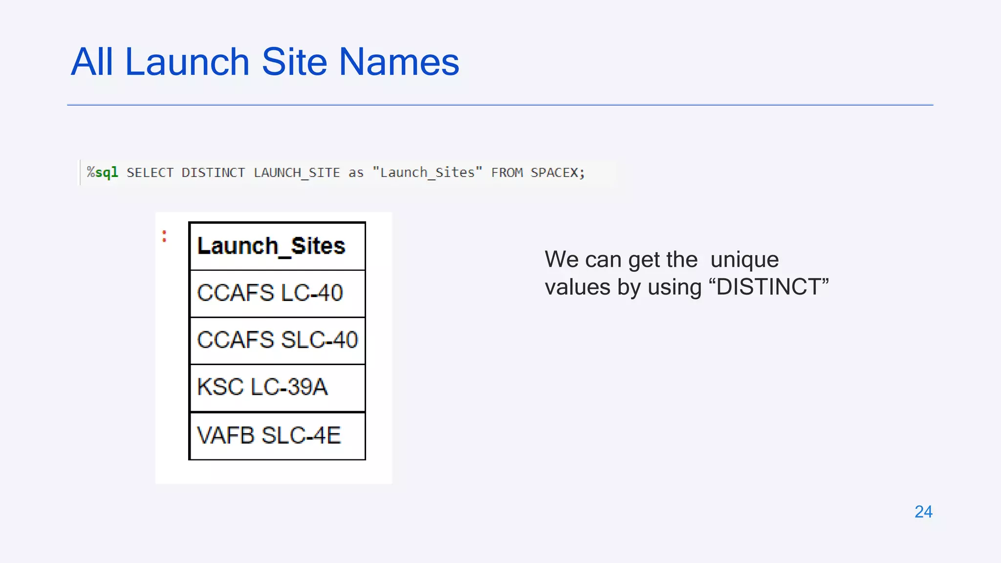24
All Launch Site Names
We can get the unique
values by using “DISTINCT”
 