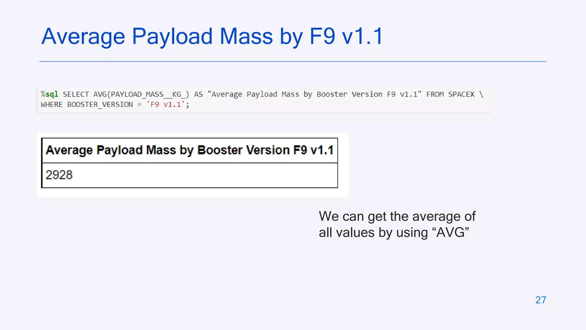 27
Average Payload Mass by F9 v1.1
We can get the average of
all values by using “AVG”
 
