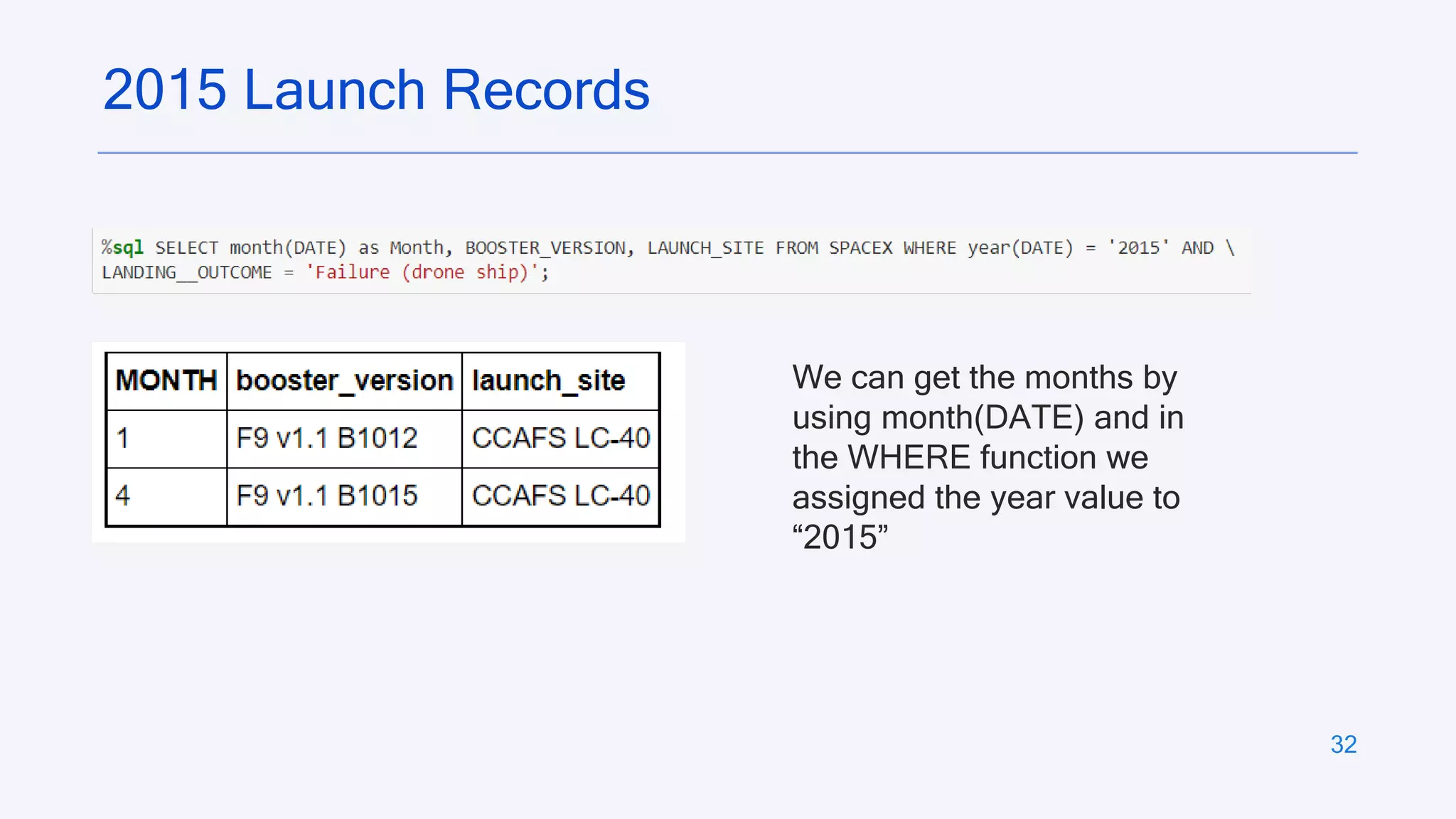32
2015 Launch Records
We can get the months by
using month(DATE) and in
the WHERE function we
assigned the year value to
“2015”
 