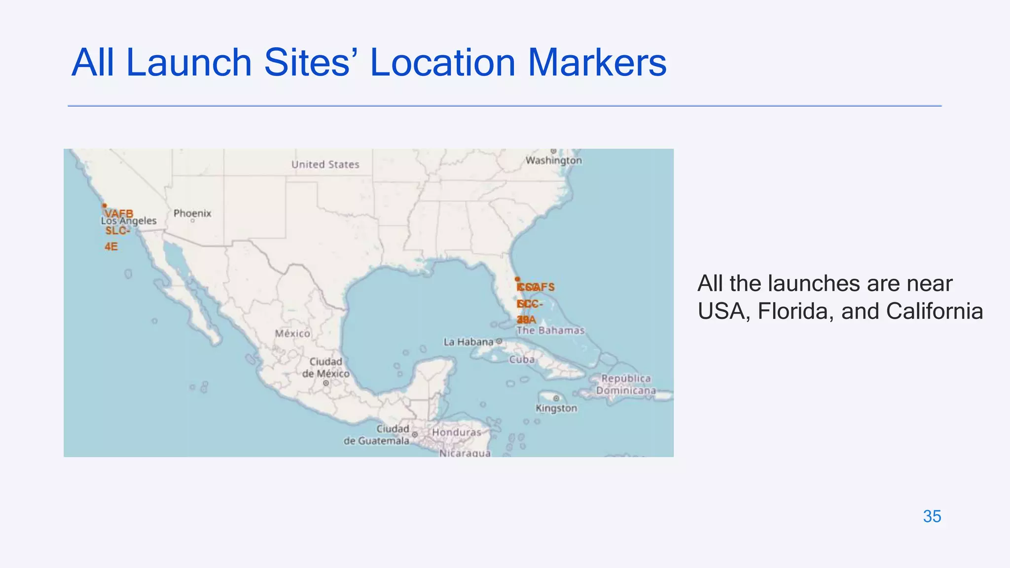 35
All Launch Sites’ Location Markers
All the launches are near
USA, Florida, and California
 