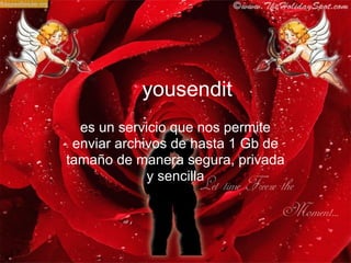 yousendit
  es un servicio que nos permite
 enviar archivos de hasta 1 Gb de
tamaño de manera segura, privada
             y sencilla
 