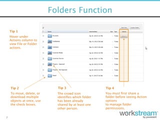 Folders Function
7
Tip 1
Hover under
Actions column to
view File or Folder
actions. 
Tip 2
To move, delete, or
download multiple
objects at once, use
the check boxes.
Tip 4
Tip 3
You must ﬁrst share a
folder before seeing Action
options  
to manage folder
permissions. 
The crowd icon
identiﬁes which folder
has been already
shared by at least one
other person.
 