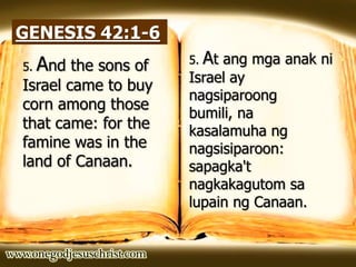 GENESIS 42:1-6
5. And the sons of
Israel came to buy
corn among those
that came: for the
famine was in the
land of Canaan.
5. At ang mga anak ni
Israel ay
nagsiparoong
bumili, na
kasalamuha ng
nagsisiparoon:
sapagka't
nagkakagutom sa
lupain ng Canaan.
 