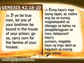 GENESIS 42:18-20
19. If ye be true
men, let one of
your brethren be
bound in the house
of your prison: go
ye, carry corn for
the famine of your
houses:
19. Kung kayo'y mga
taong tapat, ay matira
ang isa sa inyong
magkakapatid na
bilanggo sa bahay na
pinagbilangguan sa
inyo; datapuwa't
kayo'y
yumaon, magdala
kayo ng trigo dahil sa
kagutom sa inyong
mga bahay:
 
