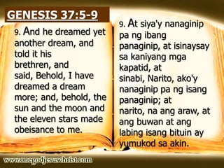 GENESIS 37:5-9
9. And he dreamed yet
another dream, and
told it his
brethren, and
said, Behold, I have
dreamed a dream
more; and, behold, the
sun and the moon and
the eleven stars made
obeisance to me.
9. At siya'y nanaginip
pa ng ibang
panaginip, at isinaysay
sa kaniyang mga
kapatid, at
sinabi, Narito, ako'y
nanaginip pa ng isang
panaginip; at
narito, na ang araw, at
ang buwan at ang
labing isang bituin ay
yumukod sa akin.
 