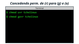 Concedendo perm. de (w) para (u), (g) e (o)
Terminal
$ chmod u+r tchelinux
$ chmod go+r tchelinux
$ chmod ugo+w tchelinux
 