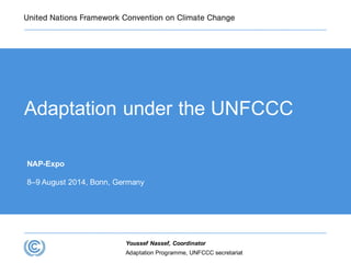Adaptation under the UNFCCC
NAP-Expo
8–9 August 2014, Bonn, Germany
Adaptation Programme, UNFCCC secretariat
Youssef Nassef, Coordinator
 