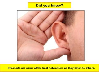 Did you know?




Introverts are some of the best networkers as they listen to others.
 