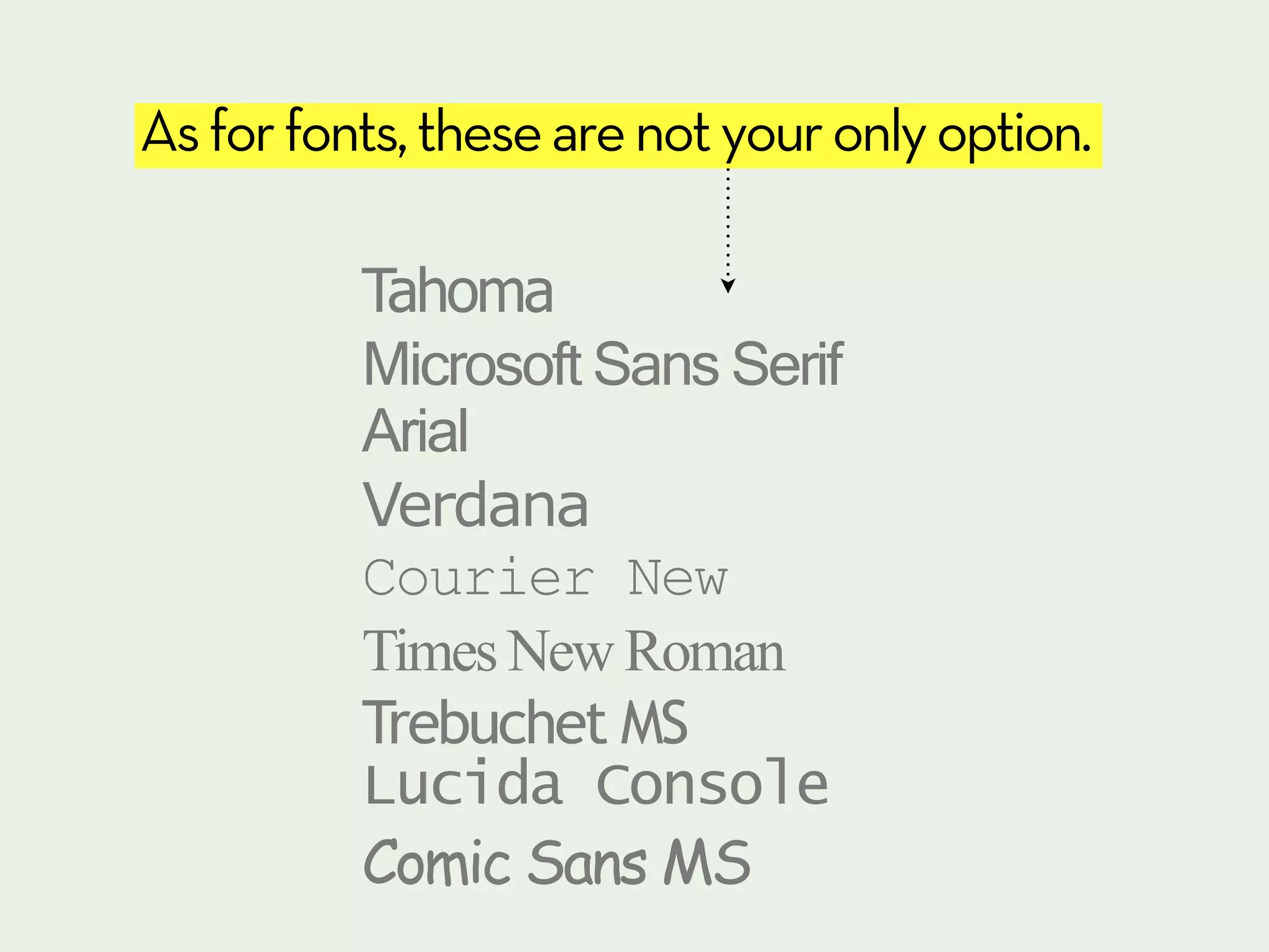 As for fonts, these are not your only option.

          Tahoma
          Microsoft Sans Serif
          Arial
          Verdana
          Courier New
          Times New Roman
          Trebuchet MS
          Lucida Console
          Comic Sans MS
 