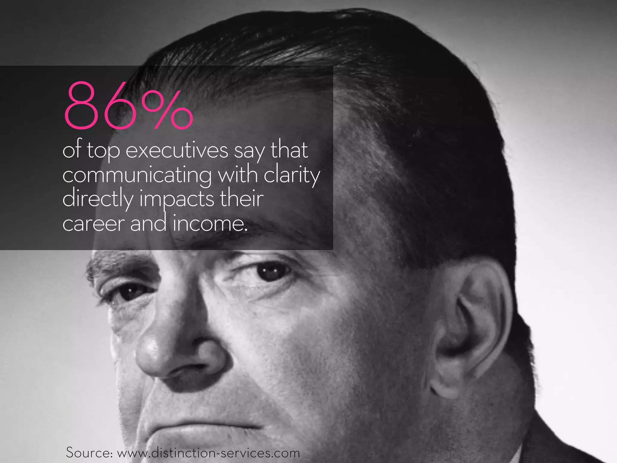 86%
oftopexecutivessaythat
communicatingwithclarity
directlyimpactstheir
careerandincome.
Source: www.distinction-services.com
 