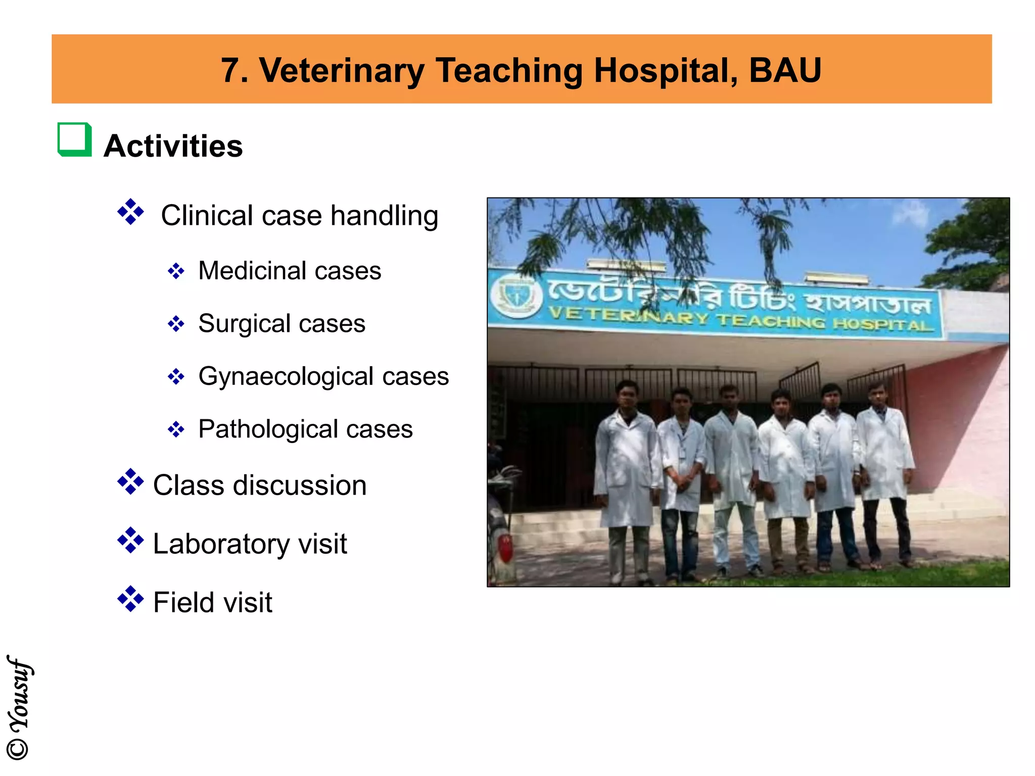  Activities
 Clinical case handling
 Medicinal cases
 Surgical cases
 Gynaecological cases
 Pathological cases
Class discussion
Laboratory visit
Field visit
7. Veterinary Teaching Hospital, BAU
©Yousuf
 