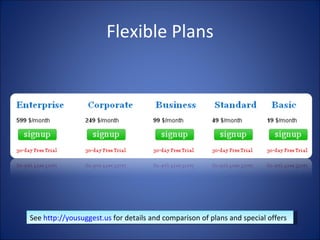 Flexible Plans See  http://yousuggest.us  for details and comparison of plans and special offers 