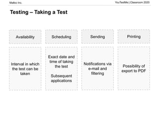 Malloc Inc. YouTestMe | Classroom 2020
Testing – Taking a Test
Availability Scheduling Sending Printing
Interval in which
the test can be
taken
Exact date and
time of taking
the test
Subsequent
applications
Notifications via
e-mail and
filtering
Possibility of
export to PDF
 