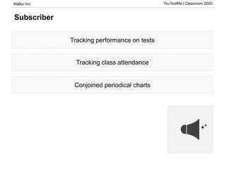 Malloc Inc. YouTestMe | Classroom 2020
Subscriber
Tracking performance on tests
Tracking class attendance
Conjoined periodical charts
 
